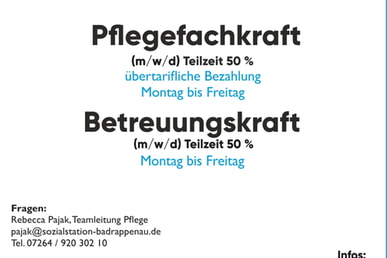 Pflegefachkraft 50% und Betreuungskraft 50% f&uuml;r unsere Tagespflege